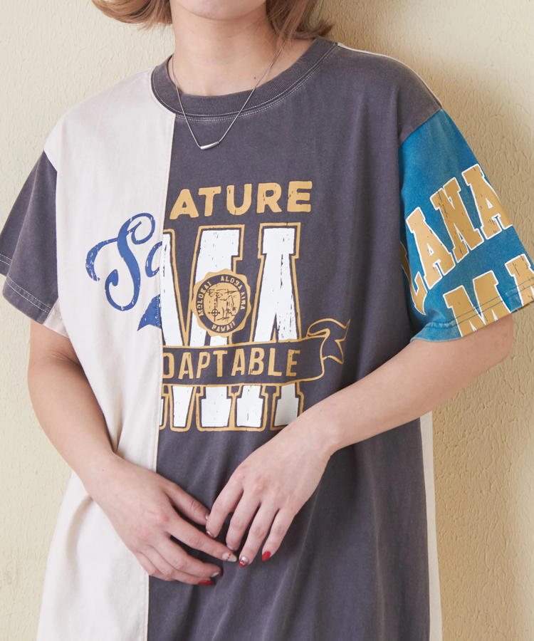 CUBE SUGAR(キューブシュガー) |26/-天竺 パウダー加工 アシンメトリー 切替 チュニック Tシャツ