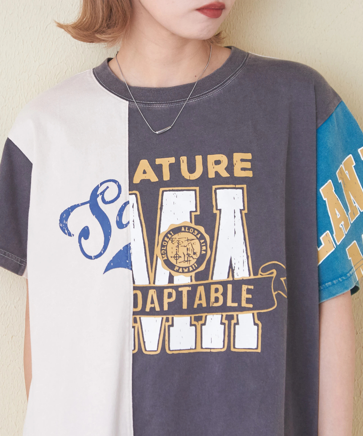 CUBE SUGAR(キューブシュガー) |26/-天竺 パウダー加工 アシンメトリー 切替 チュニック Tシャツ