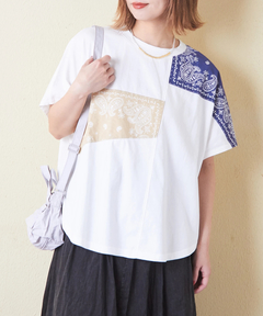 26/-OE天竺 × バンダナ リメイク風 切替 ドルマンスリーブ Tシャツ