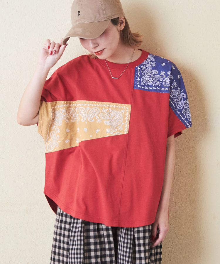 CUBE SUGAR(キューブシュガー) |26/-OE天竺 × バンダナ リメイク風 切替 ドルマンスリーブ Tシャツ