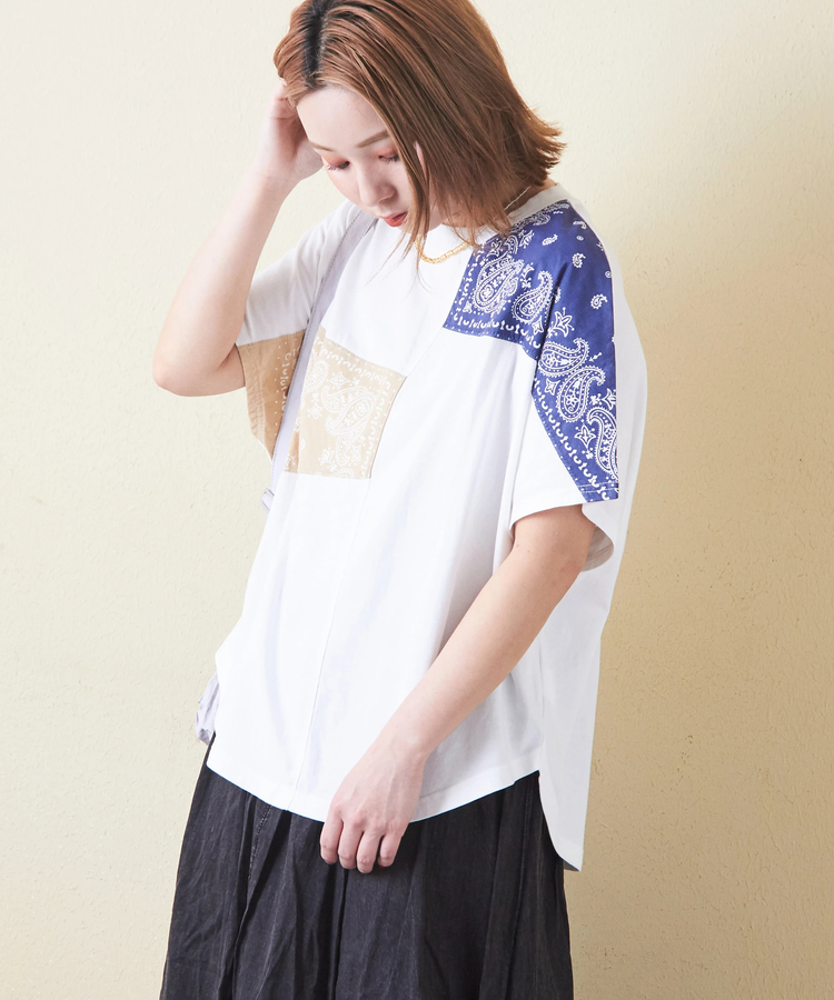 CUBE SUGAR(キューブシュガー) |26/-OE天竺 × バンダナ リメイク風 切替 ドルマンスリーブ Tシャツ