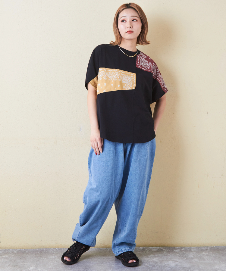 CUBE SUGAR(キューブシュガー) |26/-OE天竺 × バンダナ リメイク風 切替 ドルマンスリーブ Tシャツ
