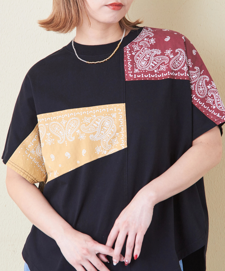 CUBE SUGAR(キューブシュガー) |26/-OE天竺 × バンダナ リメイク風 切替 ドルマンスリーブ Tシャツ