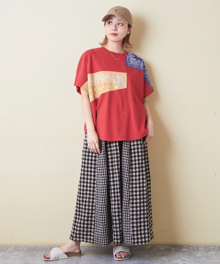 CUBE SUGAR(キューブシュガー) |26/-OE天竺 × バンダナ リメイク風 切替 ドルマンスリーブ Tシャツ