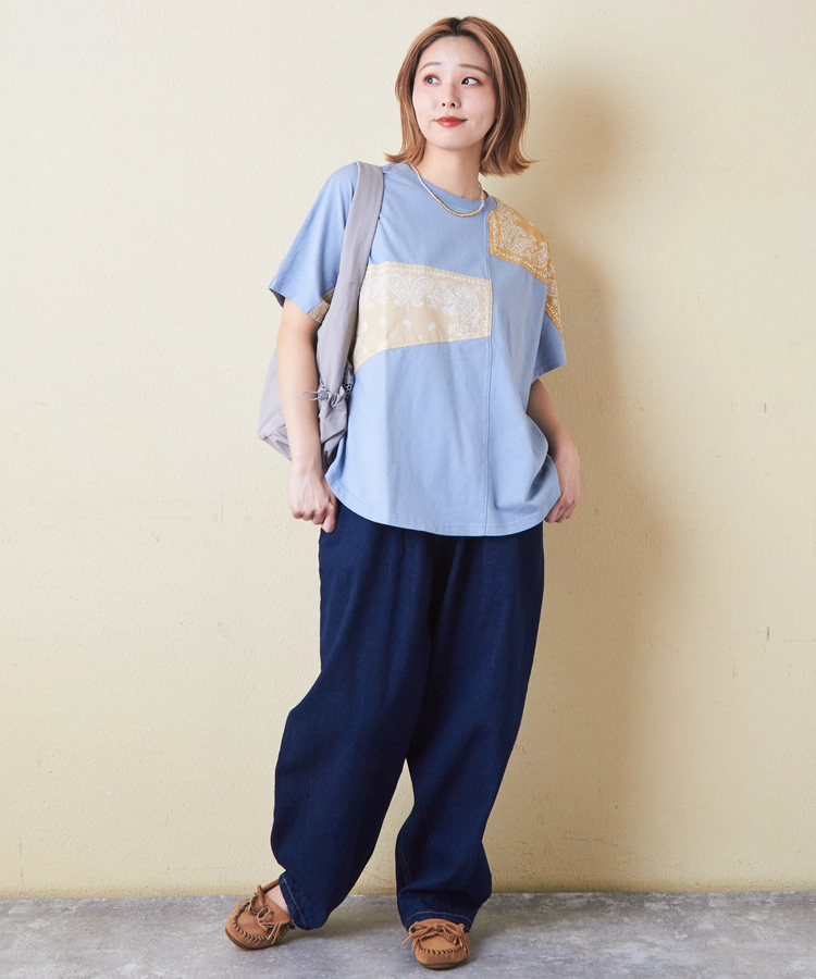CUBE SUGAR(キューブシュガー) |26/-OE天竺 × バンダナ リメイク風 切替 ドルマンスリーブ Tシャツ