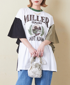 26/-天竺 × 布帛 袖フリル ビッグ Tシャツ