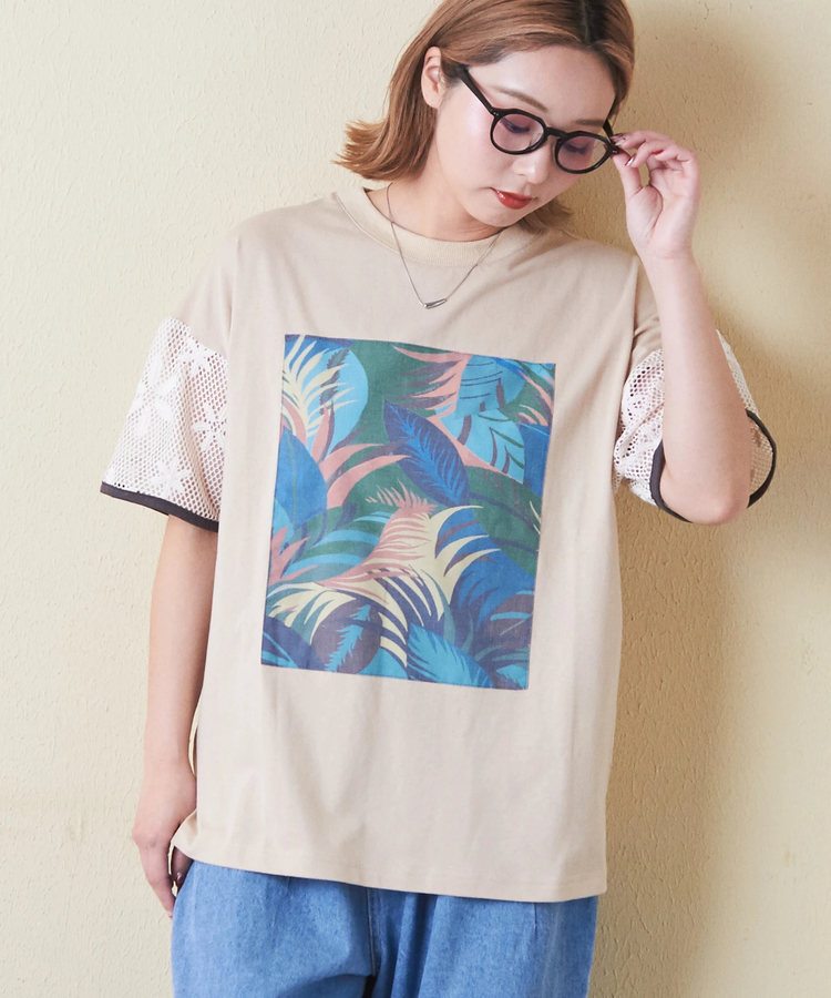 CUBE SUGAR(キューブシュガー) |32/-OE天竺 花柄 メッシュ 袖切替 グラフィック Tシャツ
