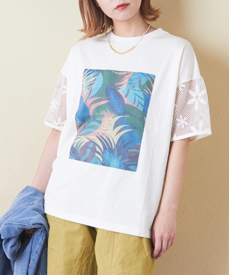 CUBE SUGAR(キューブシュガー) |32/-OE天竺 花柄 メッシュ 袖切替 グラフィック Tシャツ