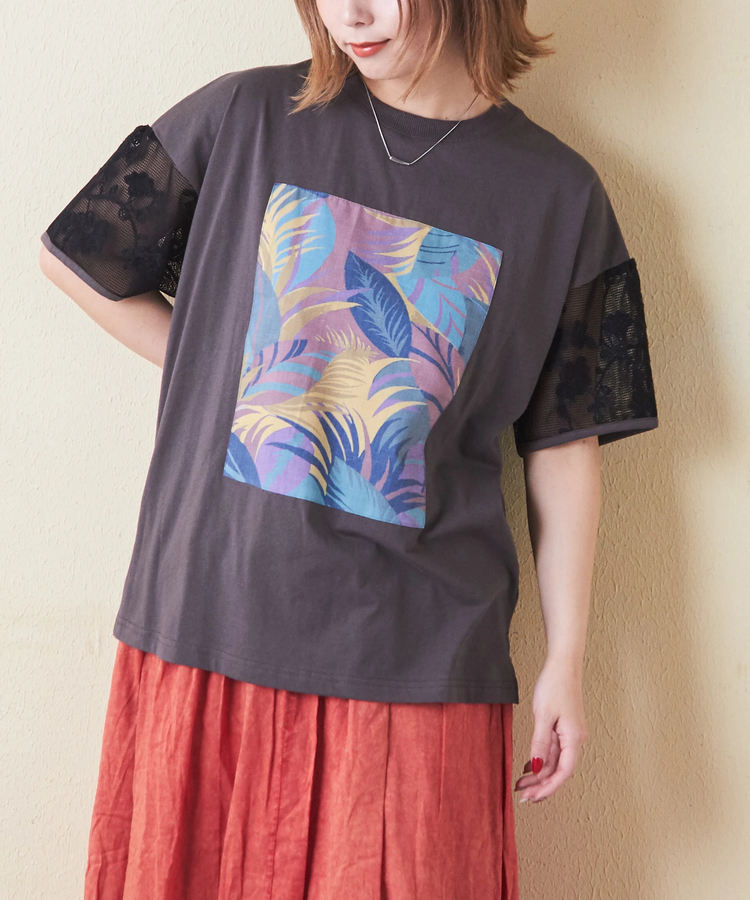CUBE SUGAR(キューブシュガー) |32/-OE天竺 花柄 メッシュ 袖切替 グラフィック Tシャツ