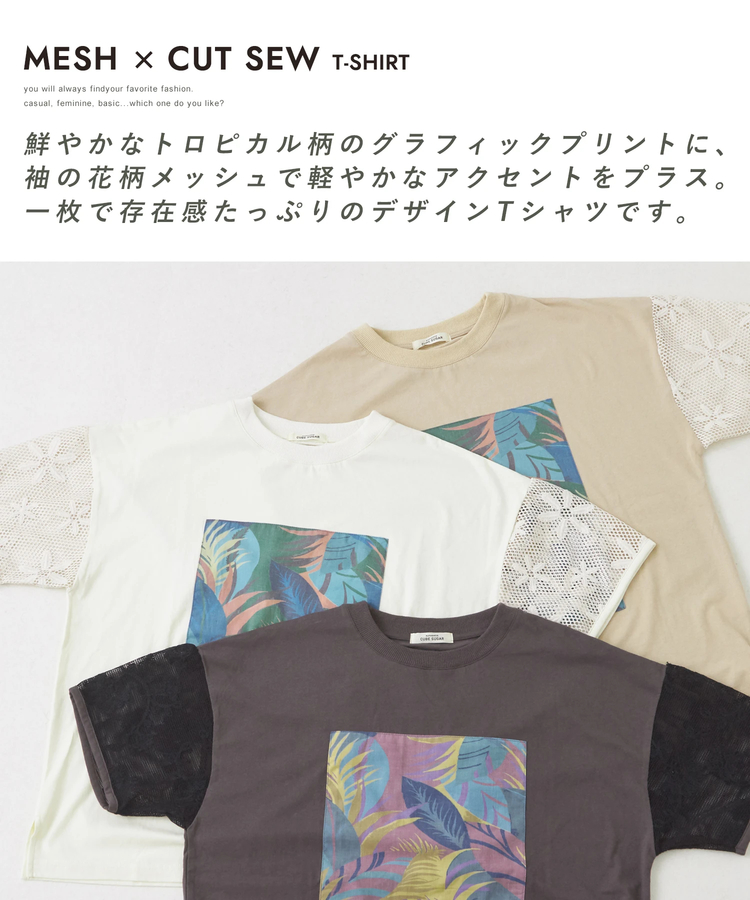 CUBE SUGAR(キューブシュガー) |32/-OE天竺 花柄 メッシュ 袖切替 グラフィック Tシャツ