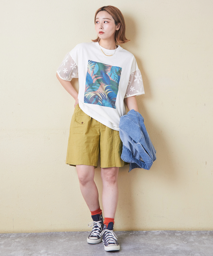 CUBE SUGAR(キューブシュガー) |32/-OE天竺 花柄 メッシュ 袖切替 グラフィック Tシャツ