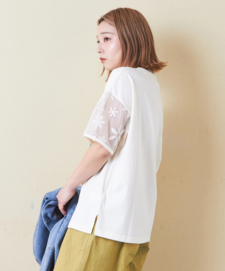 CUBE SUGAR(キューブシュガー) |32/-OE天竺 花柄 メッシュ 袖切替 グラフィック Tシャツ