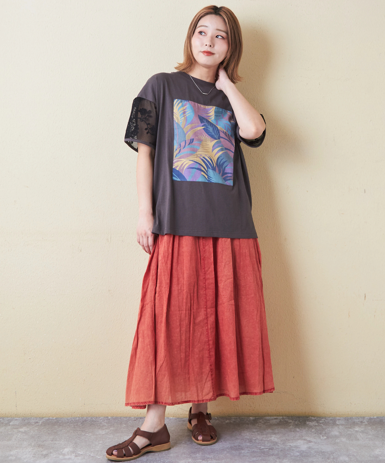 CUBE SUGAR(キューブシュガー) |32/-OE天竺 花柄 メッシュ 袖切替 グラフィック Tシャツ