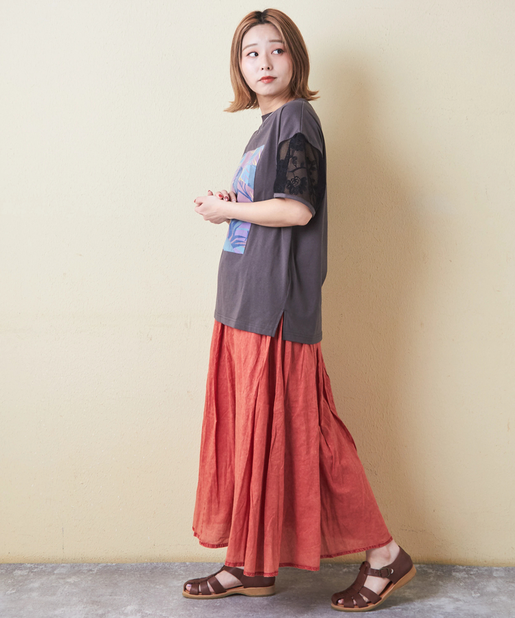 CUBE SUGAR(キューブシュガー) |32/-OE天竺 花柄 メッシュ 袖切替 グラフィック Tシャツ
