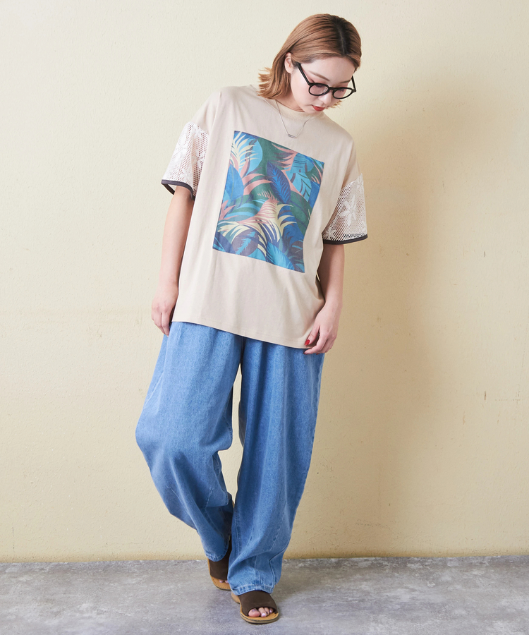 CUBE SUGAR(キューブシュガー) |32/-OE天竺 花柄 メッシュ 袖切替 グラフィック Tシャツ