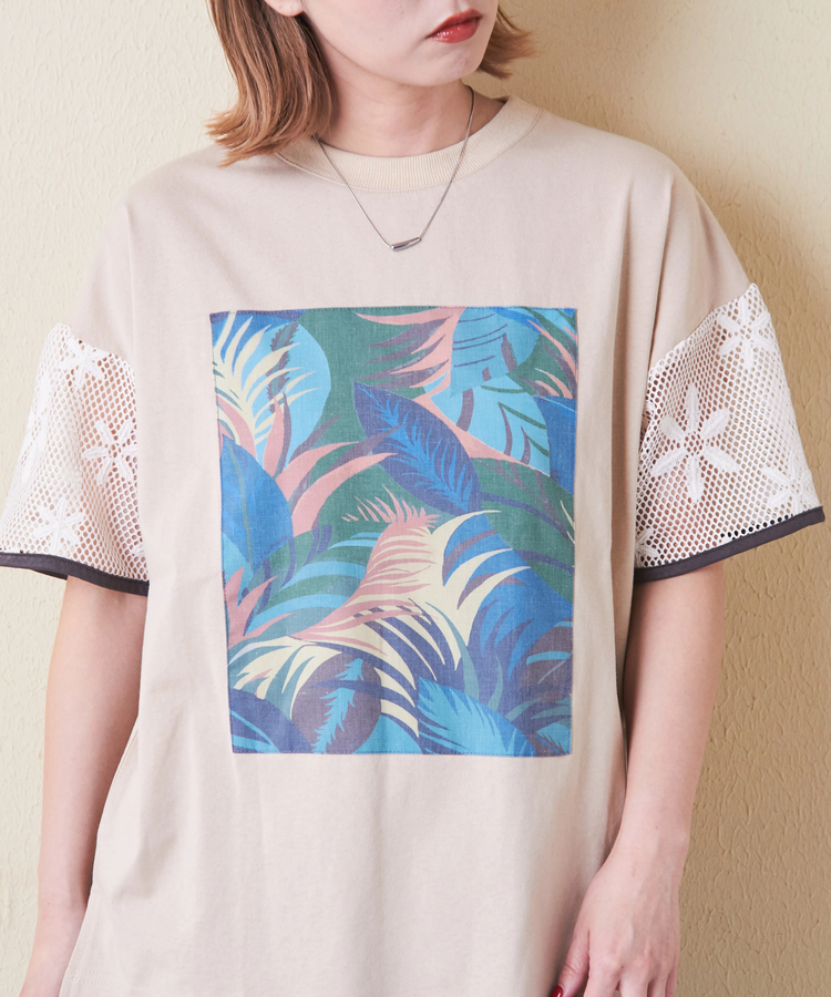 CUBE SUGAR(キューブシュガー) |32/-OE天竺 花柄 メッシュ 袖切替 グラフィック Tシャツ