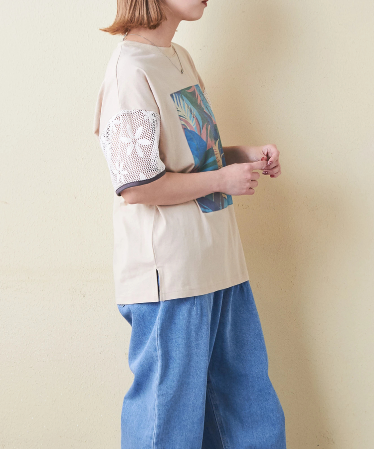 CUBE SUGAR(キューブシュガー) |32/-OE天竺 花柄 メッシュ 袖切替 グラフィック Tシャツ