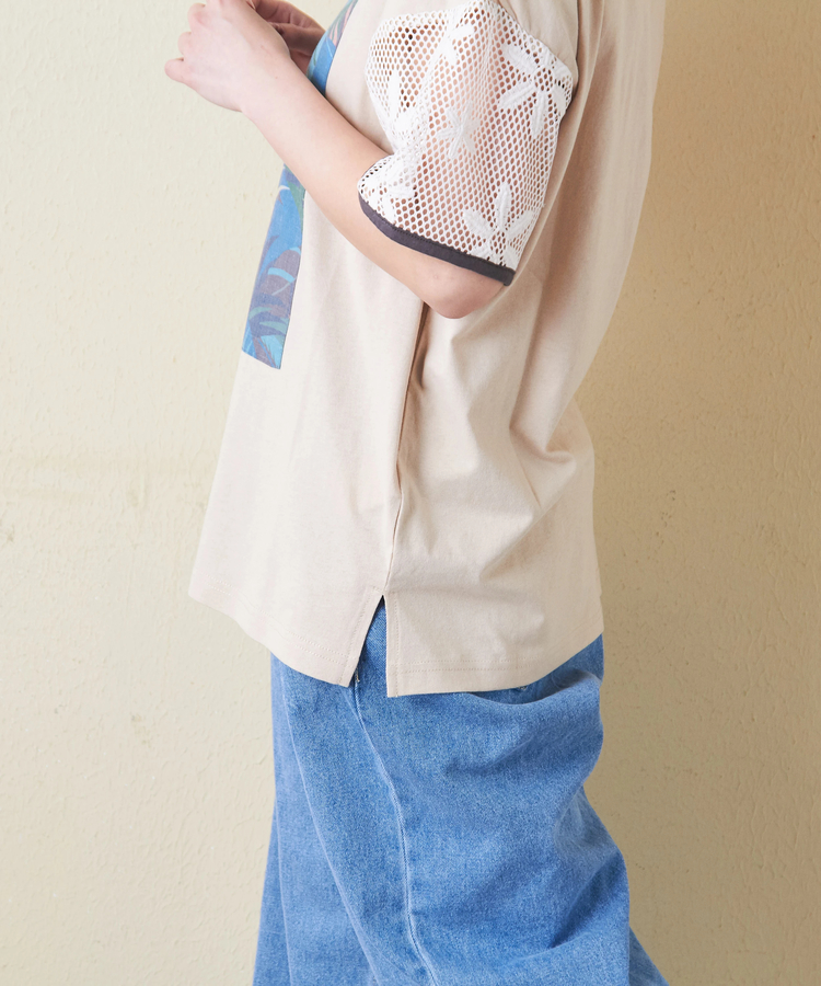 CUBE SUGAR(キューブシュガー) |32/-OE天竺 花柄 メッシュ 袖切替 グラフィック Tシャツ
