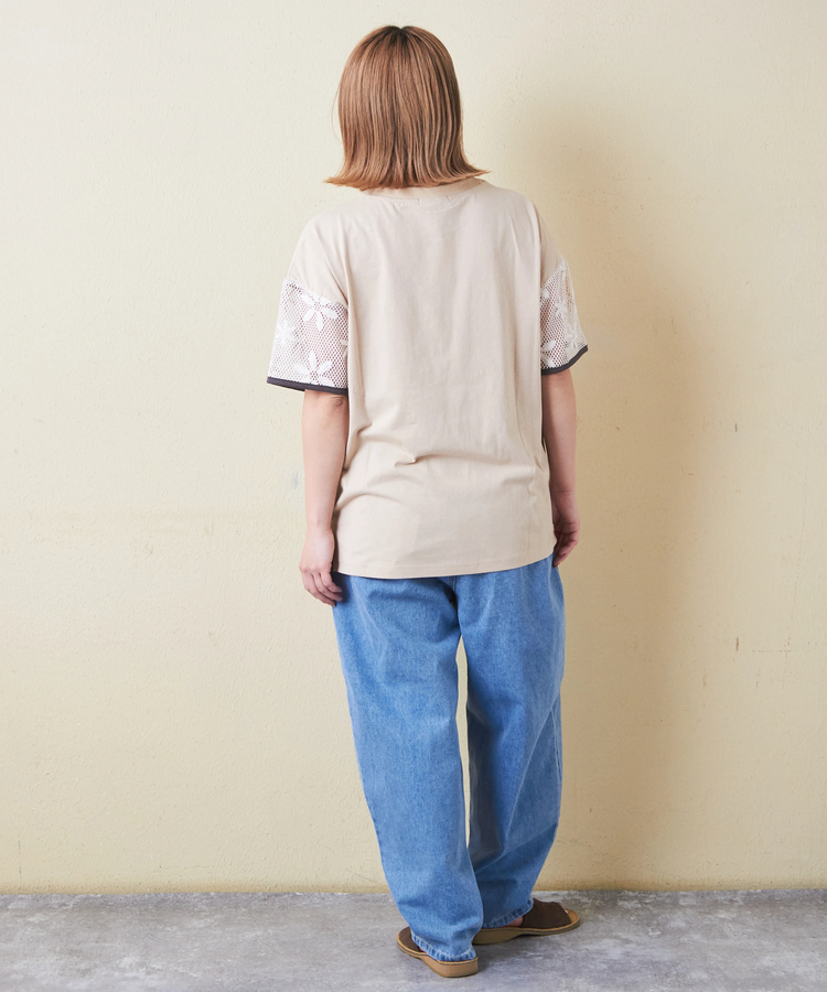 CUBE SUGAR(キューブシュガー) |32/-OE天竺 花柄 メッシュ 袖切替 グラフィック Tシャツ