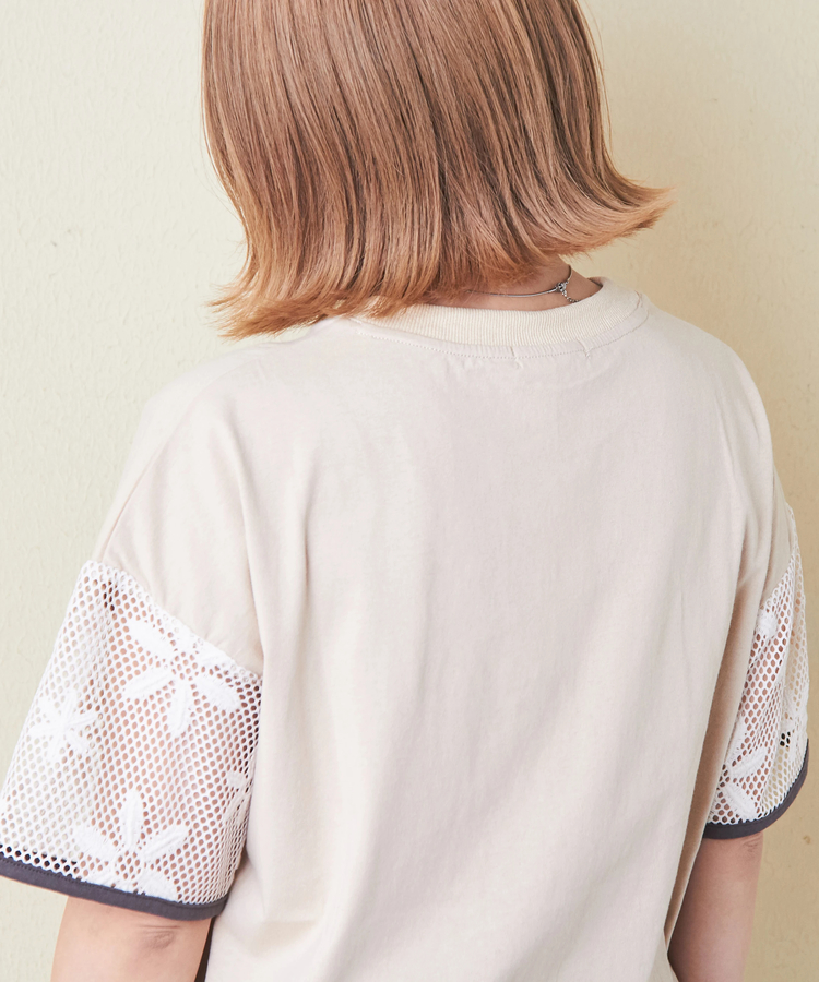 CUBE SUGAR(キューブシュガー) |32/-OE天竺 花柄 メッシュ 袖切替 グラフィック Tシャツ