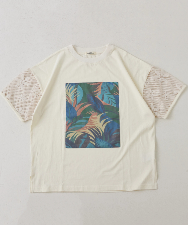 CUBE SUGAR(キューブシュガー) |32/-OE天竺 花柄 メッシュ 袖切替 グラフィック Tシャツ