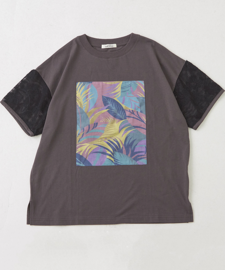 CUBE SUGAR(キューブシュガー) |32/-OE天竺 花柄 メッシュ 袖切替 グラフィック Tシャツ