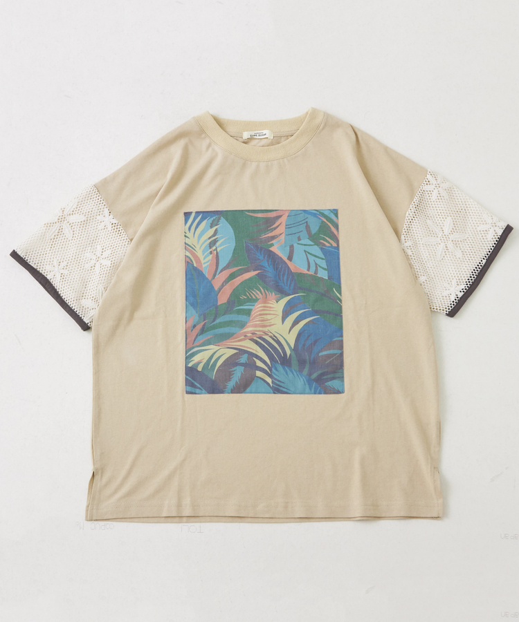 CUBE SUGAR(キューブシュガー) |32/-OE天竺 花柄 メッシュ 袖切替 グラフィック Tシャツ