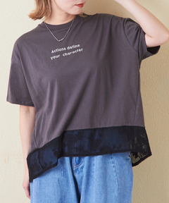 【5/9(金)頃発送予定】32/-OE天竺 花柄 メッシュ 裾切替 ロゴプリント Tシャツ