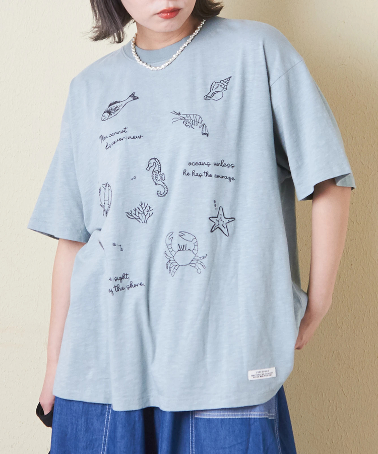 CUBE SUGAR(キューブシュガー) |32/-スラブ天竺 マリン 刺繍 Tシャツ
