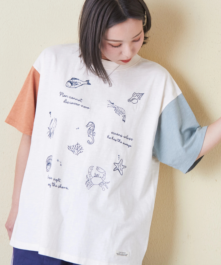 CUBE SUGAR(キューブシュガー) |32/-スラブ天竺 マリン 刺繍 Tシャツ