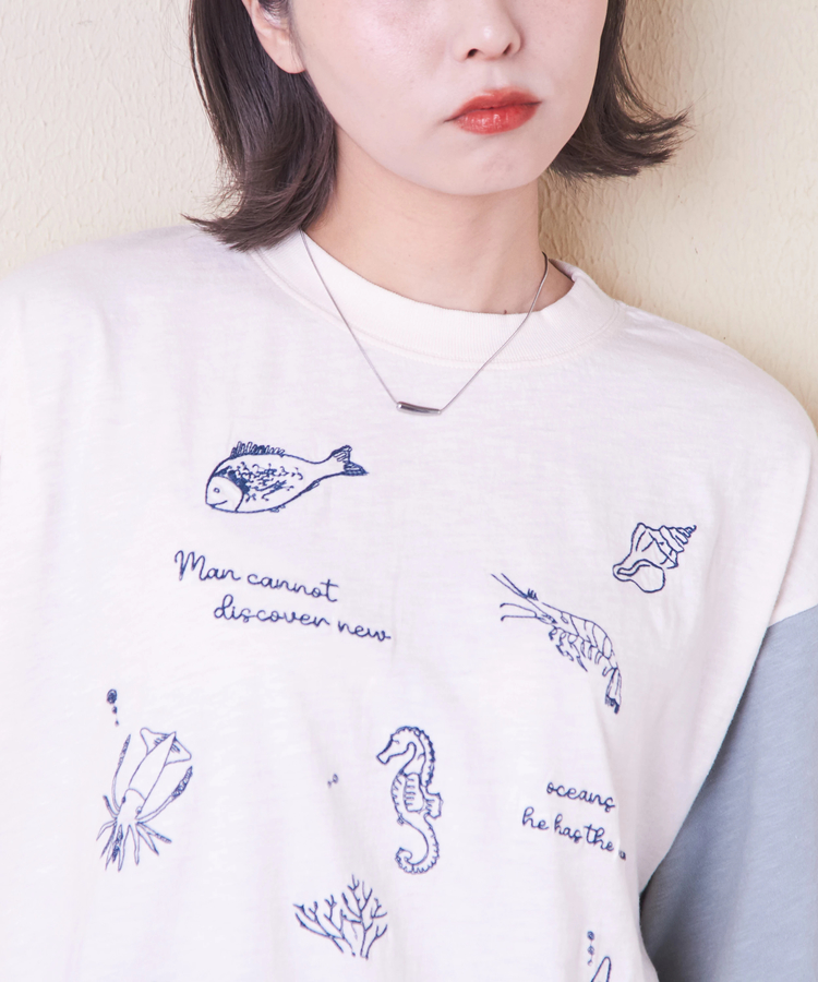 CUBE SUGAR(キューブシュガー) |32/-スラブ天竺 マリン 刺繍 Tシャツ
