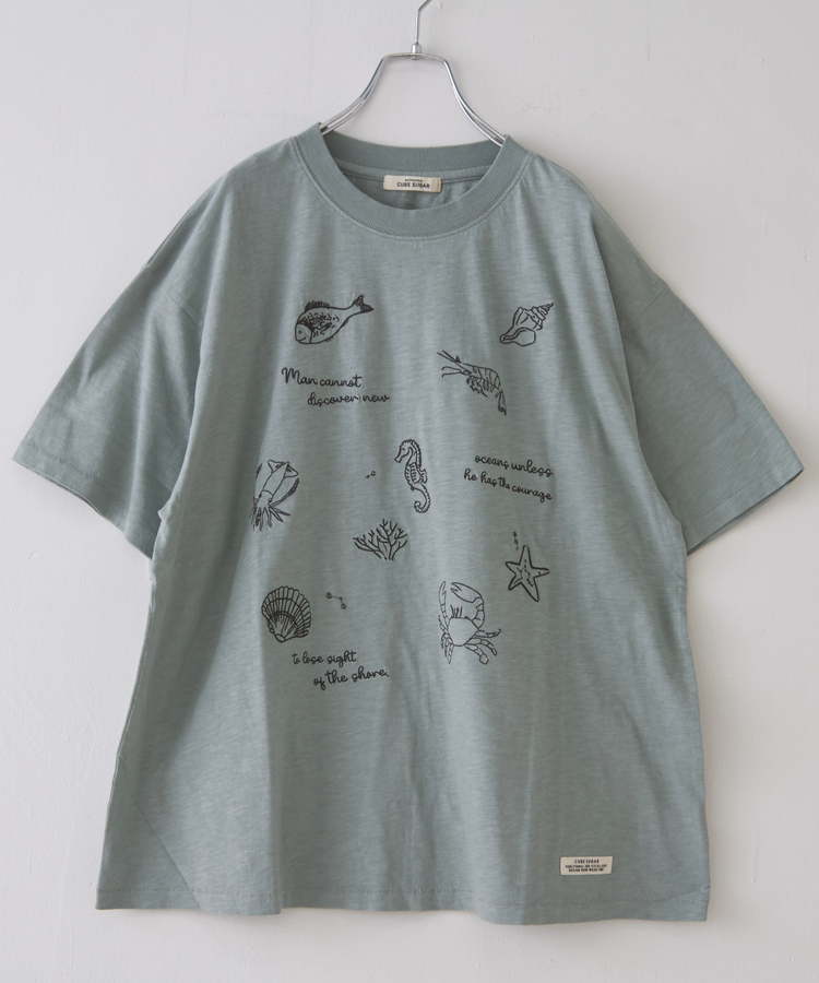 CUBE SUGAR(キューブシュガー) |32/-スラブ天竺 マリン 刺繍 Tシャツ