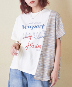 ストライプ 切替 フレンチスリーブ ロゴ Tシャツ