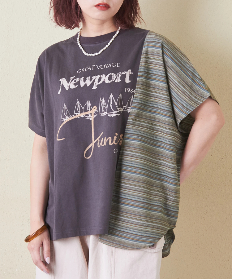 CUBE SUGAR(キューブシュガー) |ストライプ 切替 フレンチスリーブ ロゴ Tシャツ