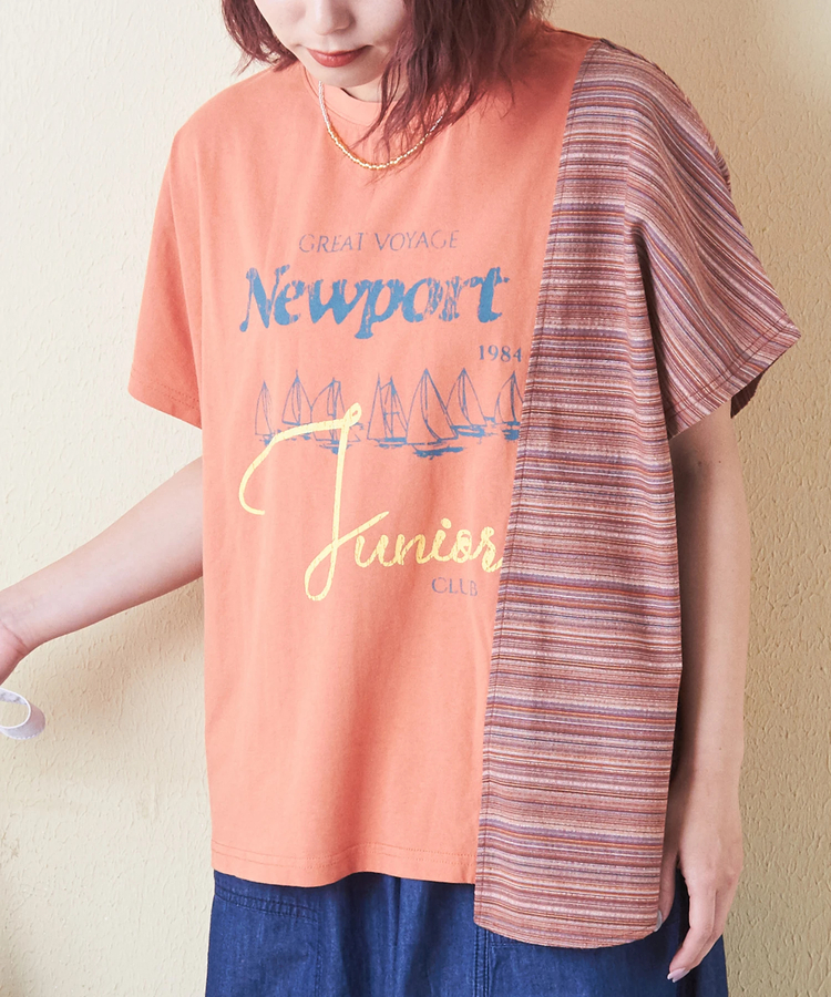 CUBE SUGAR(キューブシュガー) |ストライプ 切替 フレンチスリーブ ロゴ Tシャツ