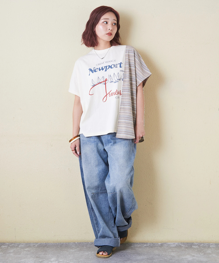 CUBE SUGAR(キューブシュガー) |ストライプ 切替 フレンチスリーブ ロゴ Tシャツ