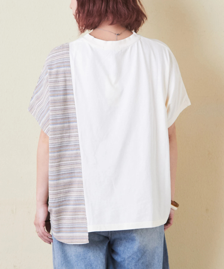 CUBE SUGAR(キューブシュガー) |ストライプ 切替 フレンチスリーブ ロゴ Tシャツ