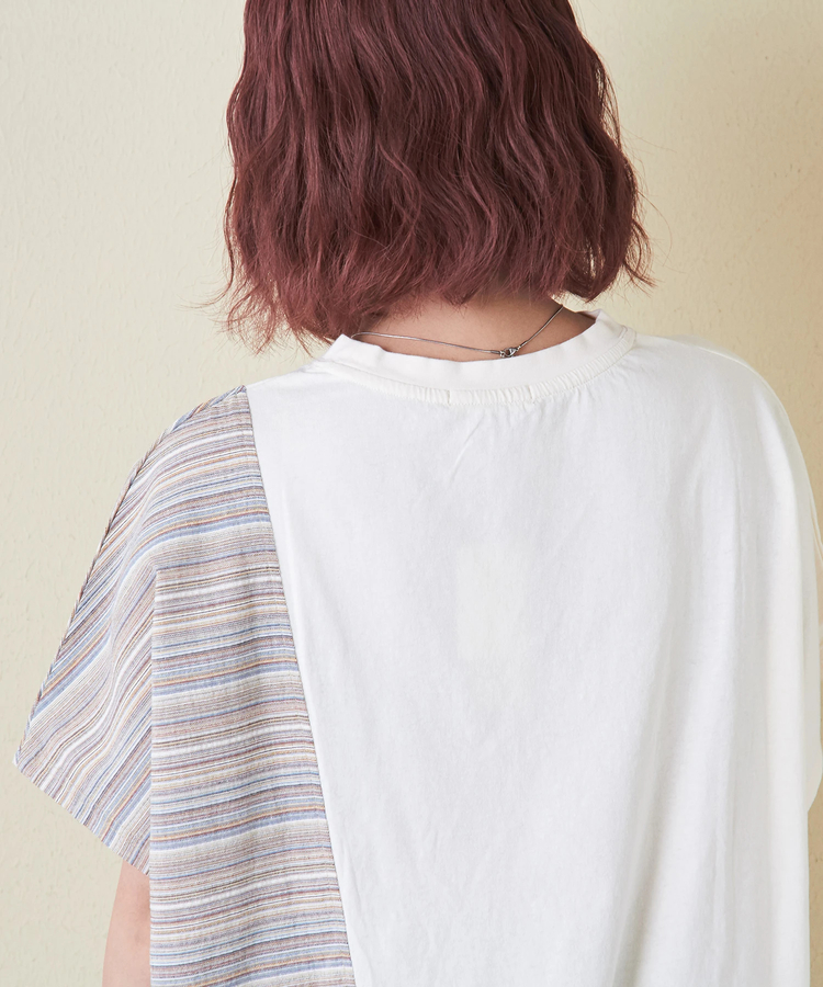 CUBE SUGAR(キューブシュガー) |ストライプ 切替 フレンチスリーブ ロゴ Tシャツ