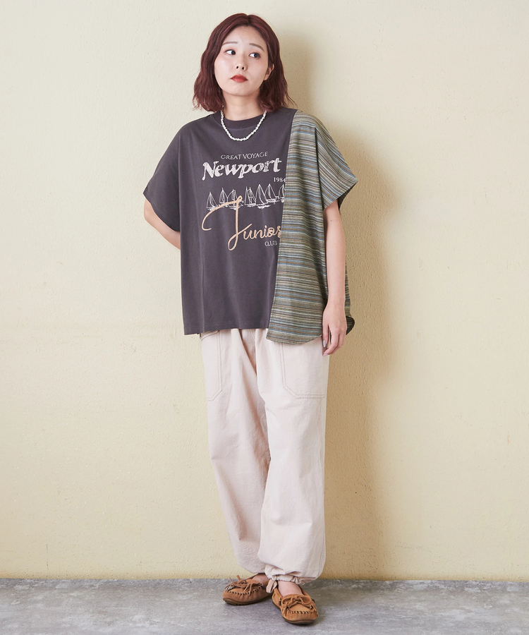CUBE SUGAR(キューブシュガー) |ストライプ 切替 フレンチスリーブ ロゴ Tシャツ