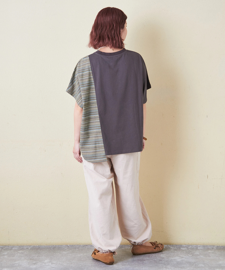 CUBE SUGAR(キューブシュガー) |ストライプ 切替 フレンチスリーブ ロゴ Tシャツ