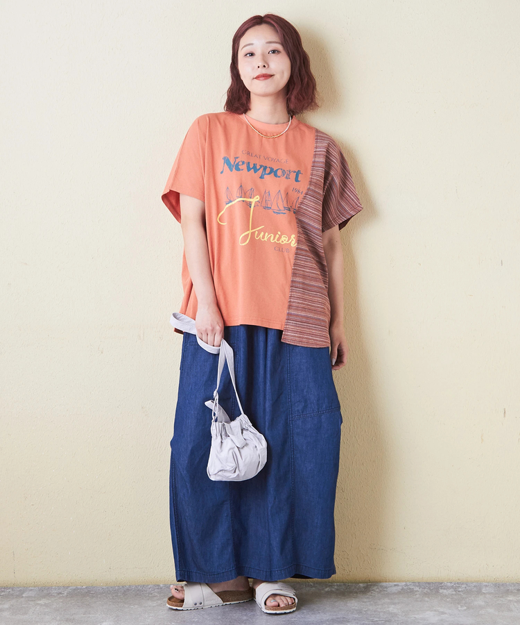 CUBE SUGAR(キューブシュガー) |ストライプ 切替 フレンチスリーブ ロゴ Tシャツ