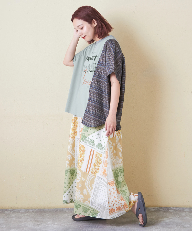 CUBE SUGAR(キューブシュガー) |ストライプ 切替 フレンチスリーブ ロゴ Tシャツ