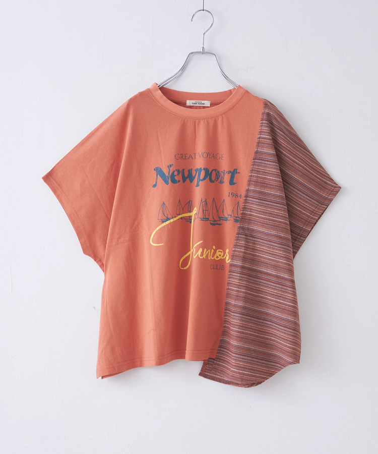 CUBE SUGAR(キューブシュガー) |ストライプ 切替 フレンチスリーブ ロゴ Tシャツ