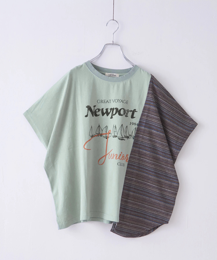 CUBE SUGAR(キューブシュガー) |ストライプ 切替 フレンチスリーブ ロゴ Tシャツ