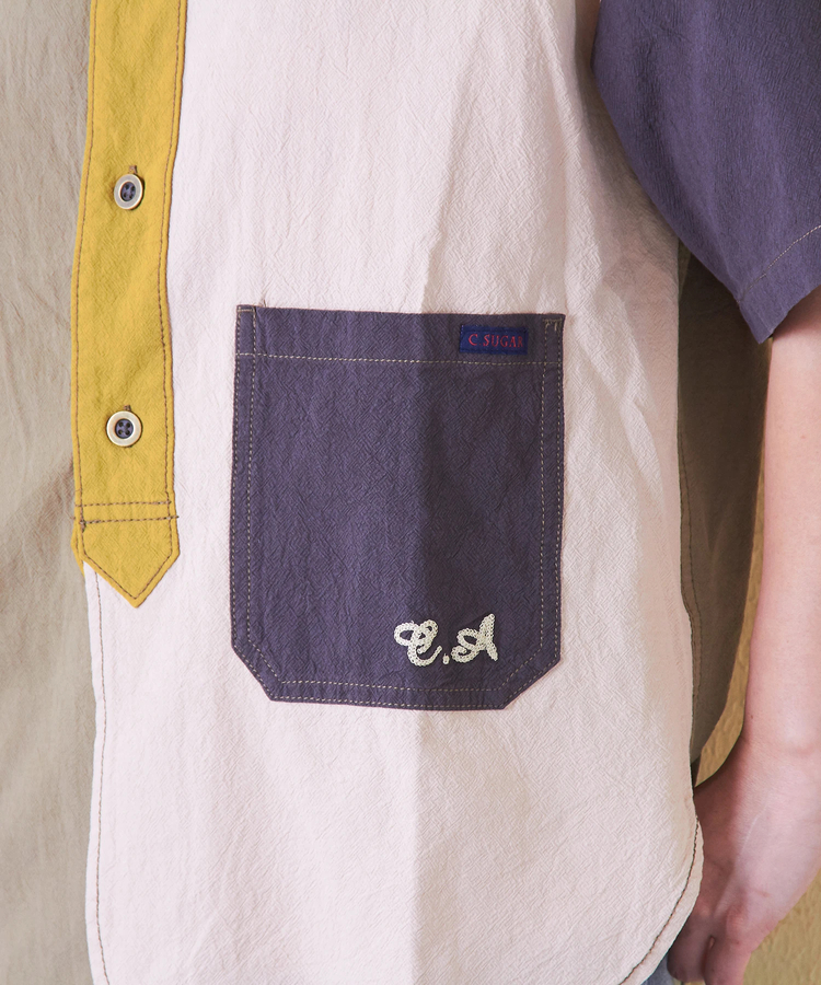 CUBE SUGAR(キューブシュガー) |綿 ボイル ロゴ 刺繍 ノーカラー シャツ