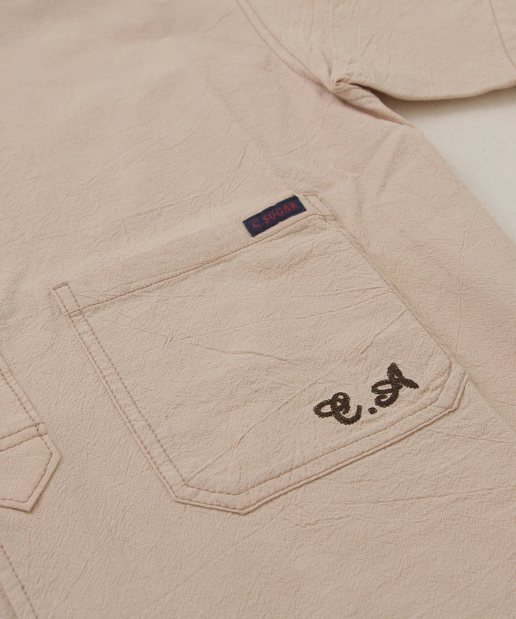 CUBE SUGAR(キューブシュガー) |綿 ボイル ロゴ 刺繍 ノーカラー シャツ