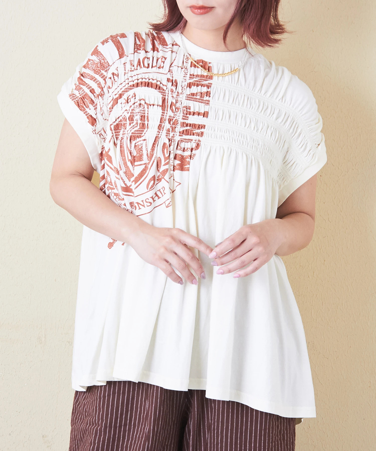 CUBE SUGAR(キューブシュガー) |32/-天竺 ロゴプリント シャーリング フレンチスリーブ Tシャツ
