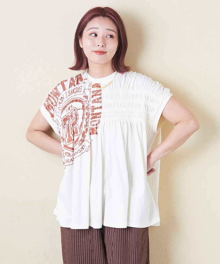 CUBE SUGAR(キューブシュガー) |32/-天竺 ロゴプリント シャーリング フレンチスリーブ Tシャツ