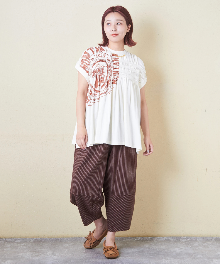 CUBE SUGAR(キューブシュガー) |32/-天竺 ロゴプリント シャーリング フレンチスリーブ Tシャツ