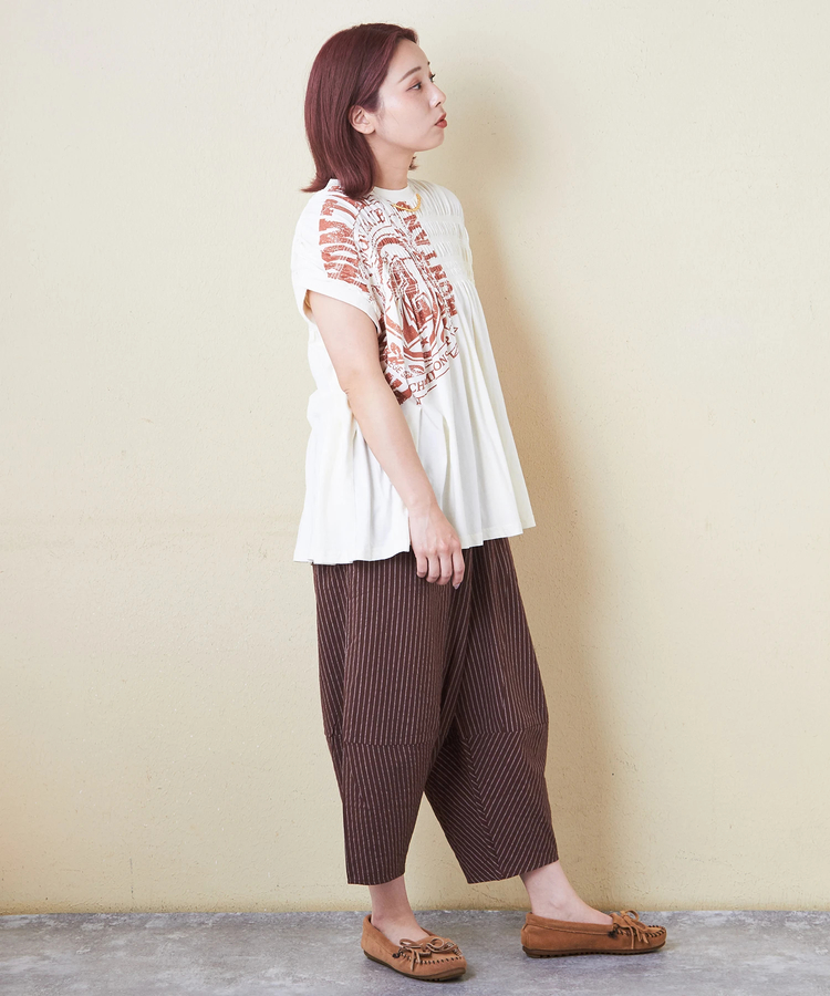 CUBE SUGAR(キューブシュガー) |32/-天竺 ロゴプリント シャーリング フレンチスリーブ Tシャツ